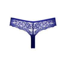 Load image into Gallery viewer, Blue lace thong on a white background
