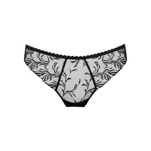 Load image into Gallery viewer, Black and white floral lace thong underwear with a scalloped waistband and black trim, shown against a plain white background.
