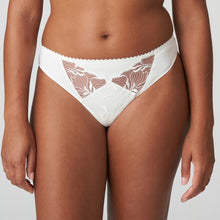 Load image into Gallery viewer, Glamourous G/String in a beautiful opaque fabric. It has lovely sheer embroidery cutouts over the tummy. Ivory is a soft white shade that gently contrasts with the skin. Perfect under summer clothes or delightful as bridal lingerie. Fabric: Polyamide: 67%, Elastane:14%, Polyester:10%, Cotton: 9%

