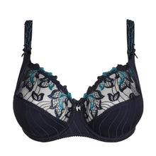 Load image into Gallery viewer, •	FASHION COLOUR- VELVET BLUE! This is our most popular bra, and for good reason! Three-section wire bra with a legendary fit and a light look. The top of the cup is finished with subtle two-tone embroidery that runs into the straps. The cups are deeper than any other Prima Donna bra for a perfect fit.  The firm cups lift the bust while the higher side section covers more and gives proper support which ensures better uplift for largest sizes. Fabric: Polyamide: 52%, Polyester: 28%, Cotton:13%, Elastane: 7%
