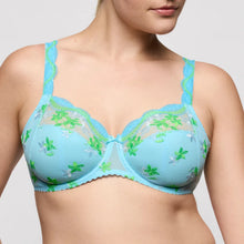 Load image into Gallery viewer, Light blue bra with green floral patterns on a plain background
