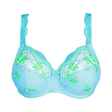 Load image into Gallery viewer, Light blue bra with green floral patterns on a white background
