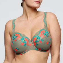 Load image into Gallery viewer, Green bra with floral embroidery on a plain background
