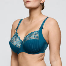 Load image into Gallery viewer, Teal bra with lace details on a plain background
