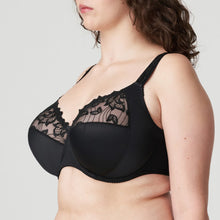 Load image into Gallery viewer, This is a continuation of the Deauville story. A three-piece underwire bra with a unique fit and a modern, airy look for the larger bust. The lace has stylish embroidery on the top of the cup. The base of the cup is smooth for versatile wear. The straps are decorative and offer full support. An all-round winner.  Fabric: Polyester: 74%, Polyamide: 20%, Elastane: 6%. Black.
