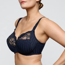 Load image into Gallery viewer, Navy blue bra with lace detailing on a neutral background
