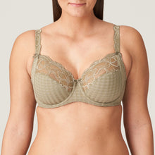 Load image into Gallery viewer, The Madison series is a keeper for many fans. No surprise, because this is very much a youthful, elegant series, thanks to the combination of checks and lace.This bra’s sublime fit has long been acclaimed. The cups are sewn from three sections to support, centre and lift the bust optimally. It not only makes you look slimmer, it’s exceptionally comfortable too!  Fabric content: Polyamide: 83%, Elastane:17%. Golden Olive.
