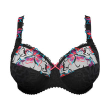 Load image into Gallery viewer, Black bra with colorful floral embroidery on a white background

