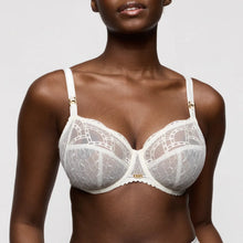Load image into Gallery viewer, White lace bra worn by a model on a plain background
