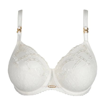 White bra with lace details on a white background