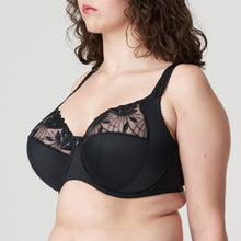 Load image into Gallery viewer, Charcoal. This is a continuation of the Orlando story. A three-piece underwire bra with a unique fit and a modern, airy look for the larger bust. The stretchy lace has shimmery embroidery on the top of the cup. The base of the cup is smooth for versatile wear. The straps are decorative and offer full support. An all-round winner.  Fabric: Polyamide: 84%, Elastane: 10%, Polyester: 6%
