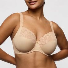 Load image into Gallery viewer, Beige bra with lace details worn by a model on a plain background
