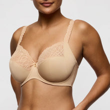 Load image into Gallery viewer, Beige bra with lace details worn by a model on a plain background
