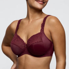 Load image into Gallery viewer, Maroon bra with lace details on a plain background
