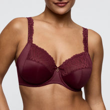 Load image into Gallery viewer, Maroon lace bra worn by a model on a plain background
