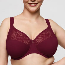 Load image into Gallery viewer, Maroon bra with lace details worn by a person on a plain background
