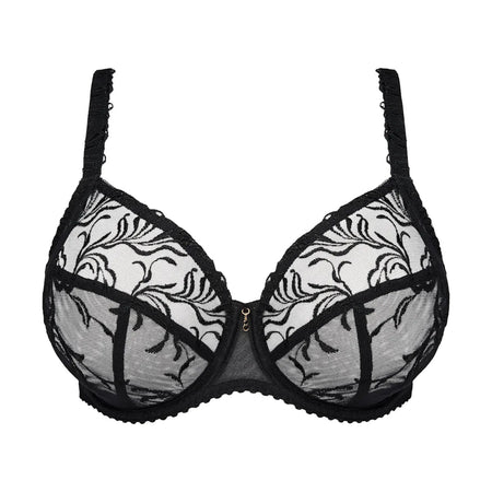 Black and white floral lace underwire bra with a small gold zipper at the center front, shown against a plain white background.