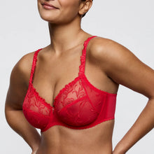 Load image into Gallery viewer, Red bra with floral lace details worn by a model on a plain background
