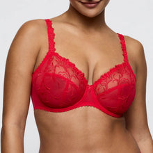 Load image into Gallery viewer, Red bra with lace details worn by a model on a plain background
