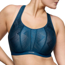 Load image into Gallery viewer, Blue sports bra with geometric pattern on a white background
