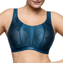 Load image into Gallery viewer, Blue patterned sports bra with 'Primadonna' branding on a white background
