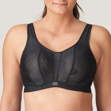 Load image into Gallery viewer, Fantastically supportive formed cup underwire sports bra. It offers versatile support and extreme comfort.  Adjustable straps, with hooks and eyes. The graphic lace detail cups and straps have a cross-back or straight option. Three-part cup for extra support. Padded straps and closure. No irritation seamless cup. Anti-chafing super soft elastic banding.    The performance fabric uses highly breathable technology to keep you cool, fresh and dry.  Wash at 30°C  Polyamide: 54%, Polyester: 27%, Elastane: 19%
