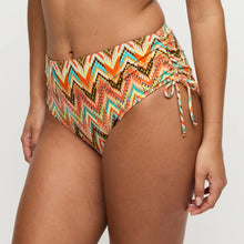 Load image into Gallery viewer, Colorful zigzag patterned bikini bottom on a plain background
