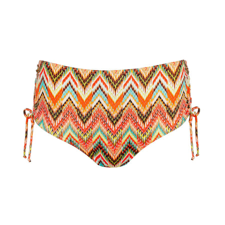 Colorful zigzag patterned bikini bottom on a white background