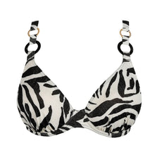 Load image into Gallery viewer, Zebra print bikini top with black and white pattern on a white background
