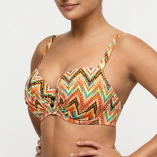 Load image into Gallery viewer, Colorful zigzag patterned bikini top on a plain background
