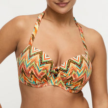 Load image into Gallery viewer, Colorful zigzag patterned bikini top on a plain background
