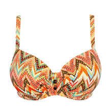Load image into Gallery viewer, Colorful bikini top with a geometric pattern on a white background
