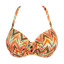 Load image into Gallery viewer, Colorful zigzag patterned bikini top on a white background
