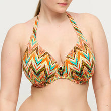 Load image into Gallery viewer, Multicolored zigzag patterned bikini top on a plain background
