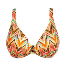 Load image into Gallery viewer, Colorful zigzag patterned bikini top on a white background
