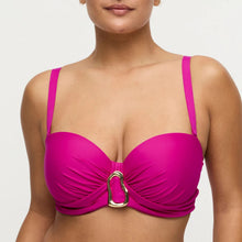 Load image into Gallery viewer, Pink bikini top with a gold heart clasp on a plain background

