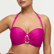 Load image into Gallery viewer, Pink bikini top with a gold buckle on a neutral background
