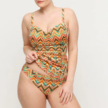 Load image into Gallery viewer, Multicolored zigzag patterned swimsuit on a plain background
