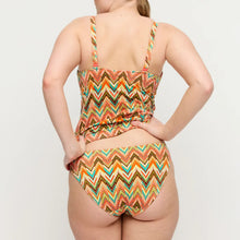 Load image into Gallery viewer, Colorful zigzag patterned two-piece swimsuit on a plain background
