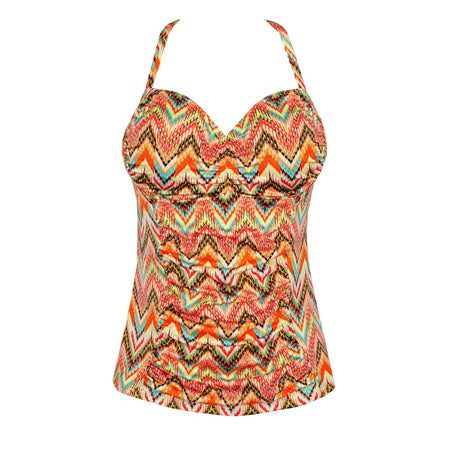 Colorful zigzag patterned tank top on a white background