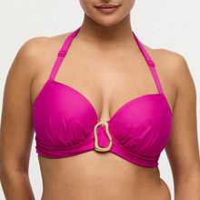 Load image into Gallery viewer, Pink bikini top with a gold buckle on a neutral background
