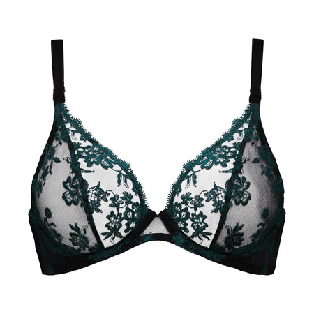 Black lace bra on a white background