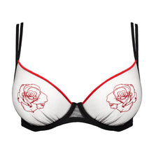 Load image into Gallery viewer, White bra with red rose designs and black straps on a white background
