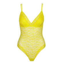Load image into Gallery viewer, Yellow one-piece swimsuit with thin straps on a white background
