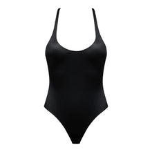 Load image into Gallery viewer, Black one-piece swimsuit on a white background
