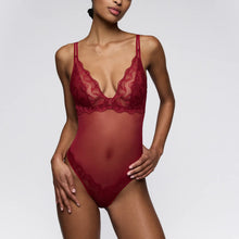 Load image into Gallery viewer, Red lace lingerie set on a model against a plain background
