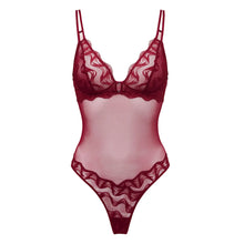 Load image into Gallery viewer, Red lace lingerie set on a white background

