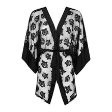 Load image into Gallery viewer, A black and white floral print kimono robe with solid black trim, wide sleeves, and a matching black tie belt, shown against a plain white background.
