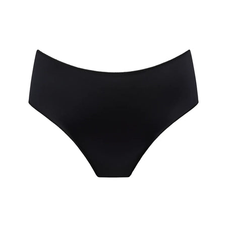 Black high-waisted bikini bottom on a white background