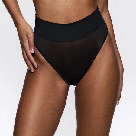 Black high-waisted bikini bottom on a plain background